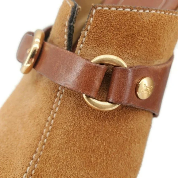 Cole Haan Tan Suede & Brown Leather Gold Buckle Strap Slide-On Mid Heel Mules - Picture 6 of 15